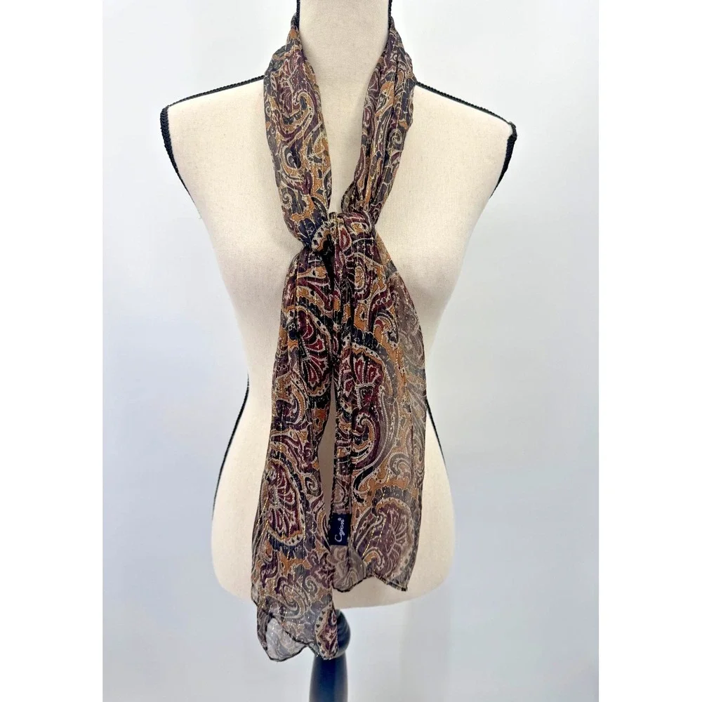 Cejon Brown Gold Silk Paisley Scarf Wrap Boho Earthy Lightweight Sheer Shawl